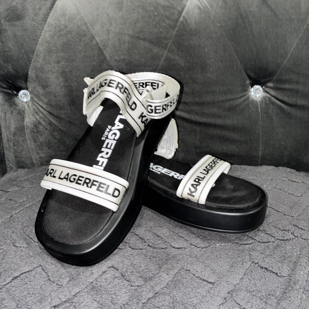 Karl Lagerfeld Paris Womens Logo Webbing Platform Sandals Black White Size 7M